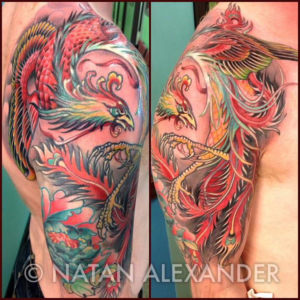 Colorful Japanese Phoenix Arm Tattoo |