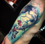 Arm sleeve tattoo of an underwater anime scene with a girl and dragon in color and black ink by Natan Alexander